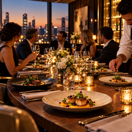 Executives sharing a chef prepared meal at a private dining table