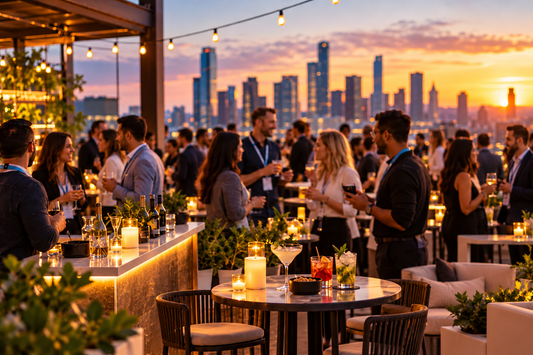 Business professionals networking at a rooftop conference reception at sunset